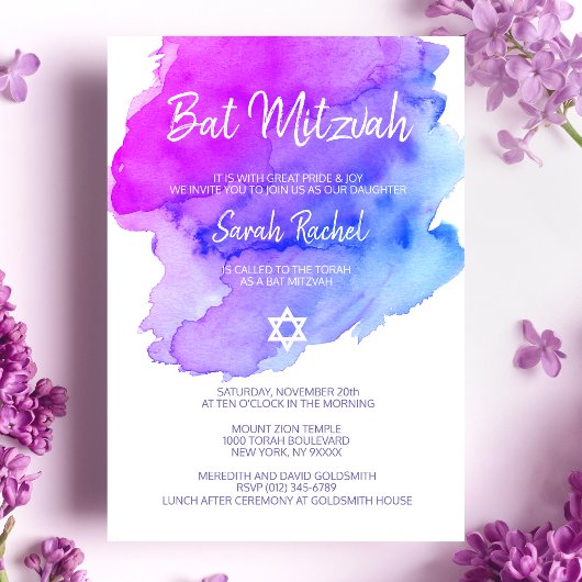Invitation Aquarelle moderne violet bleu étoile BAT MITZVAH