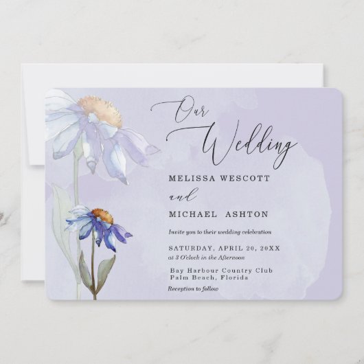 Invitation Aquarelle moderne violet Gerbera Mariage marguerit (Devant)