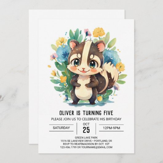 Invitation Aquarelle modifiable Skunk Boy Anniversaire (Devant / Derrière)