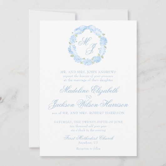 Invitation Aquarelle Monogramme bleu Hydrangea Mariage de cou (Devant)