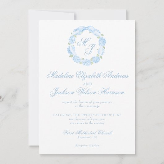 Invitation Aquarelle Monogramme bleu Hydrangea Mariage de cou (Devant)
