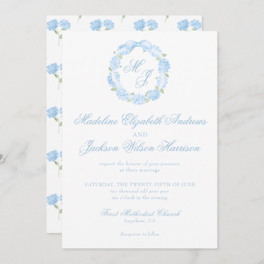 Invitation Aquarelle Monogramme bleu Hydrangea Mariage de cou (Devant / Derrière)
