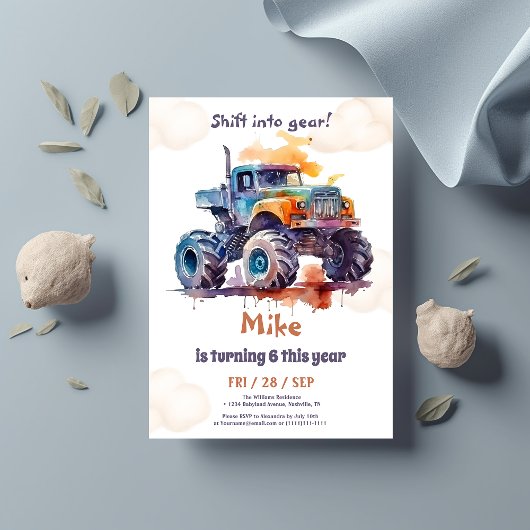 Invitation Aquarelle Monster Camion garçon Anniversaire
