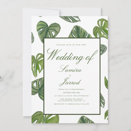 Invitation Aquarelle Monstera et Feuilles botaniques Adansoni (Devant)