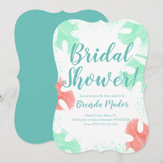 Invitation Aquarelle Monstera Feuilles Baby shower Coral Mint (Devant / Derrière)