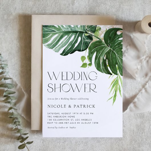 Invitation Aquarelle Monstera Feuilles Wedding shower tropica