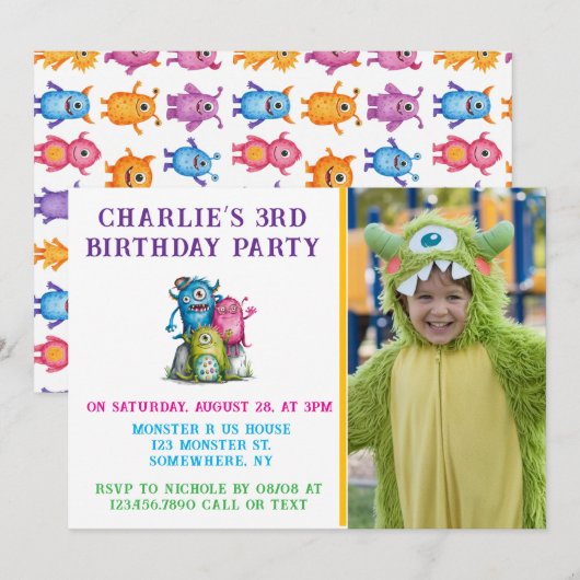 Invitation Aquarelle Monsters Fête d'anniversaire de l'enfant (Devant / Derrière)