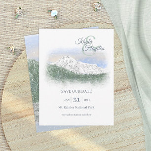 Invitation Aquarelle, Montagne enneigée, Mariage d'hiver