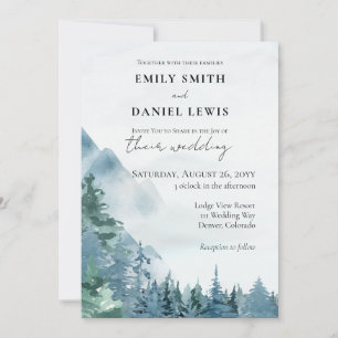 Invitation Aquarelle Montagnes Dusty bleu Rustique Mariage