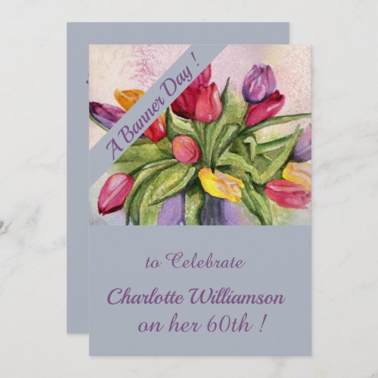 Invitation Aquarelle multicolore Tulipe Anniversaire Floral (Devant / Derrière)