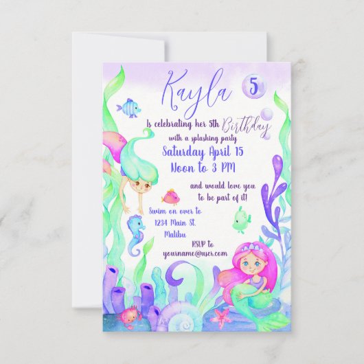 Invitation Aquarelle murmures fille fête d'anniversaire perso (Devant)