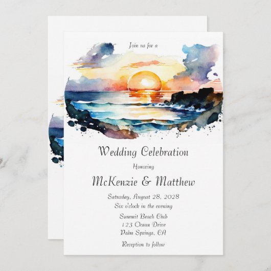 Invitation Aquarelle Nautical Beach Scene Mariage (Devant / Derrière)