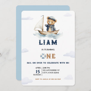 Invitation Aquarelle Nautique Garçon Teddy Bear marin Anniver