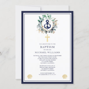 Invitation Aquarelle nautique Marine Ancre Croix Baptême