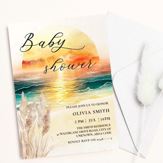 Invitation Aquarelle Nautique Océan Sunset Beach Baby shower