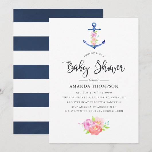 Invitation Aquarelle Nautique Thème Floral Baby shower (Devant / Derrière)