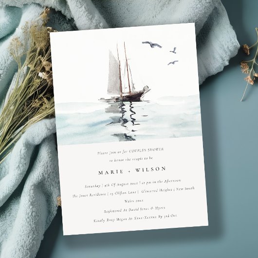 Invitation Aquarelle Nautique Voile Yacht Couples Douche