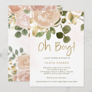 Invitation Aquarelle neutre florale Oh Baby shower garçon