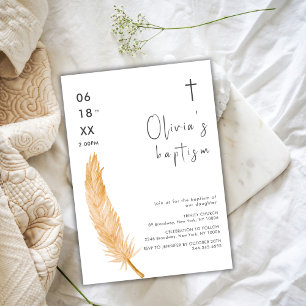 Invitation Aquarelle neutre Plumes Croix Baptême