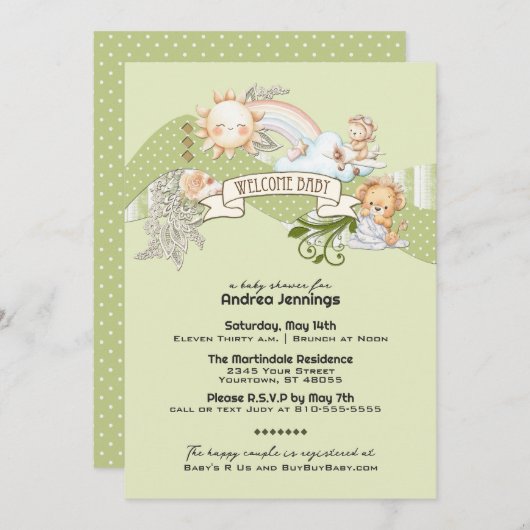 Invitation Aquarelle neutre pour les femmes Baby shower vert  (Devant / Derrière)