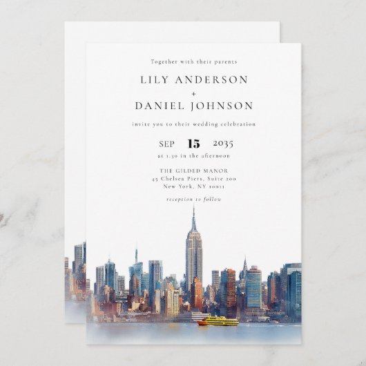 Invitation Aquarelle New York Skyline QR Code Mariage (Devant / Derrière)