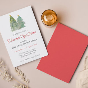 Invitation Aquarelle Noël Arbres de vacances Maison ouverte