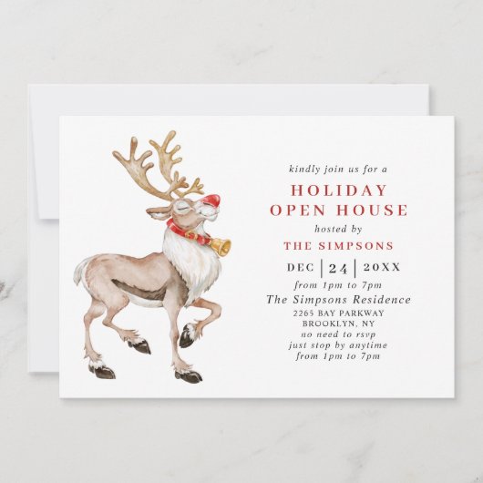 Invitation Aquarelle Noël Reindeer VACANCES OPEN HOUSE (Devant)