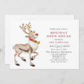 Invitation Aquarelle Noël Reindeer VACANCES OPEN HOUSE (Devant / Derrière)