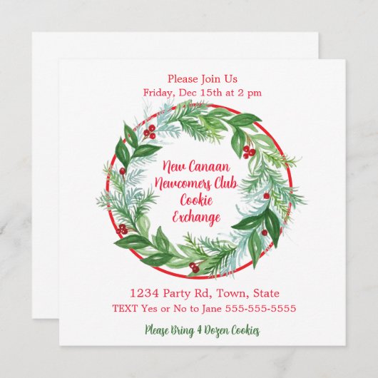 Invitation Aquarelle Noël Vacances Wreath CUSTOM (Devant / Derrière)