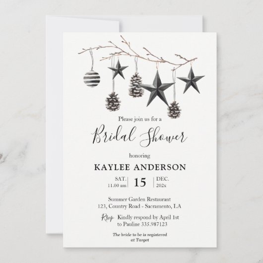 Invitation Aquarelle Noir Blanc Noël Fête des mariées (Devant)