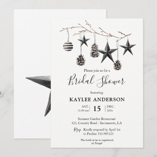 Invitation Aquarelle Noir Blanc Noël Fête des mariées (Devant / Derrière)