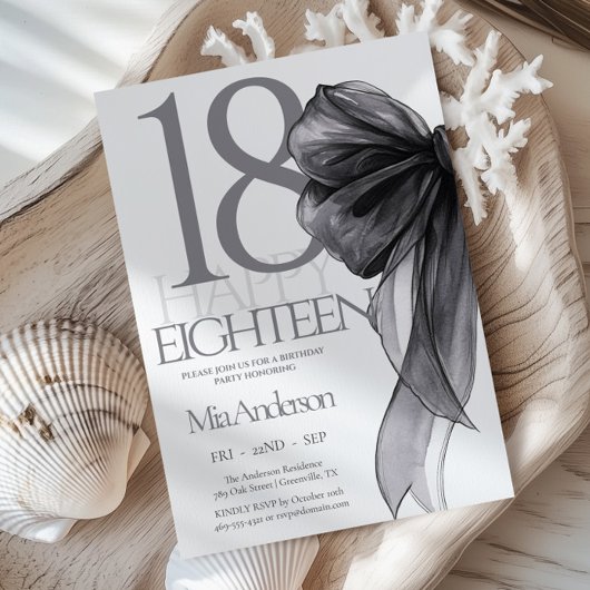 Invitation Aquarelle noir Bow 18e anniversaire