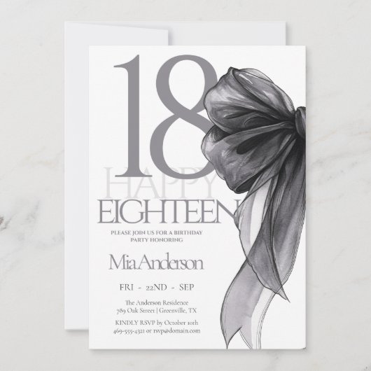Invitation Aquarelle noir Bow 18e anniversaire (Devant)