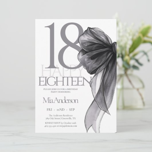 Invitation Aquarelle noir Bow 18e anniversaire (Debout devant)