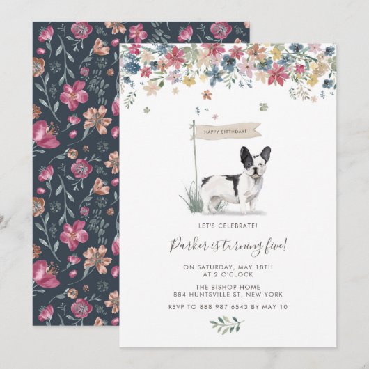 Invitation Aquarelle Noir et Blanc Chien-taureau Français Ann (Devant / Derrière)