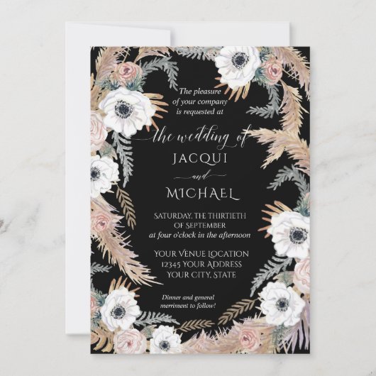 Invitation Aquarelle noire blanche Florale BOHO Pampas Tropéd (Devant)