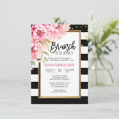 Invitation Aquarelle noire blanche rose Floral Brunch & Bubbl (Debout devant)