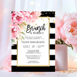 Invitation Aquarelle noire blanche rose Floral Brunch & Bubbl<br><div class="desc">Invitation modèle tendance et moderne pour BRUNCH & BUBBLY douche nuptiale à rayures blanches et noires. Faux cadre or avec des pivoines roses aquarelles fleurissent à l'angle. Tout le texte peut être modifié et modifié : police,  couleur et taille. Contactez le concepteur pour d'autres variantes ou de l'aide.</div>