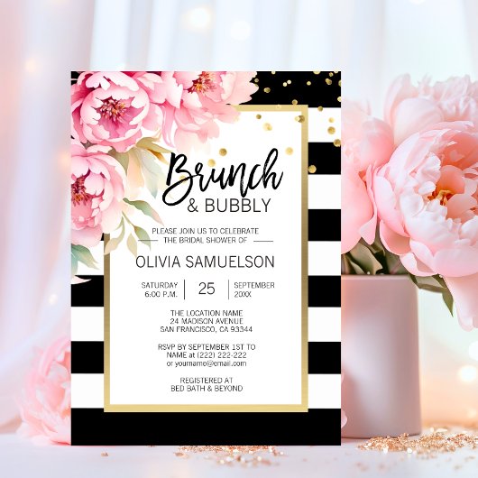 Invitation Aquarelle noire blanche rose Floral Brunch & Bubbl