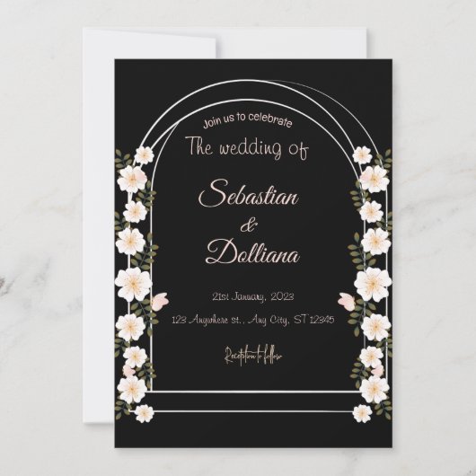Invitation Aquarelle noire et blanche Mariage floral (Devant)