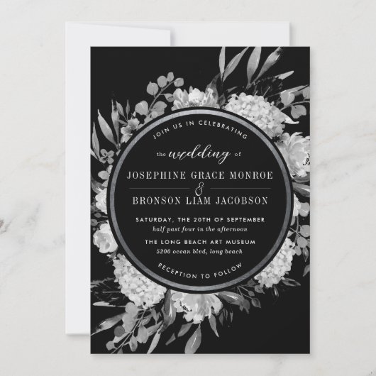 Invitation Aquarelle noire et blanche moderne Floral Argent (Devant)