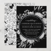 Invitation Aquarelle noire et blanche moderne Floral Argent (Devant / Derrière)