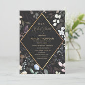 Invitation Aquarelle noire et or Baby shower Floral (Debout devant)