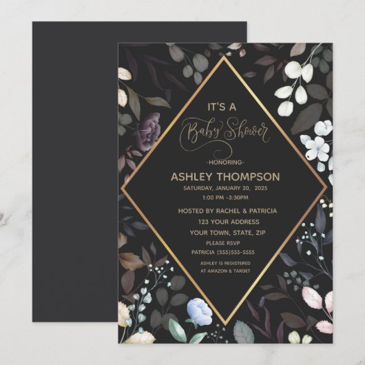 Invitation Aquarelle noire et or Baby shower Floral (Devant / Derrière)