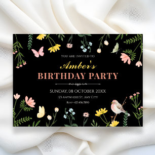Invitation Aquarelle noire florale printemps anniversaire