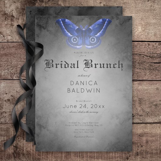 Invitation Aquarelle noire gothique Bleu Moth Bridal Brunch