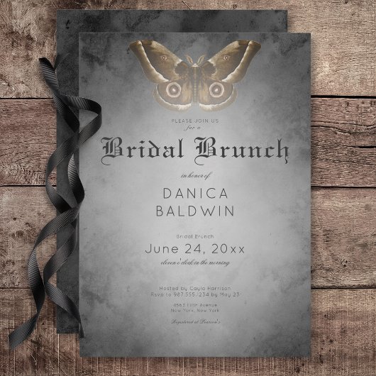 Invitation Aquarelle noire gothique Brown Moth Bridal Brunch