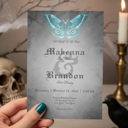 Invitation Aquarelle noire gothique foncée Turquoise Mariage 