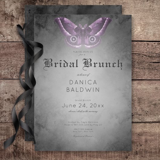 Invitation Aquarelle noire gothique Purple Moth Bridal Brunch