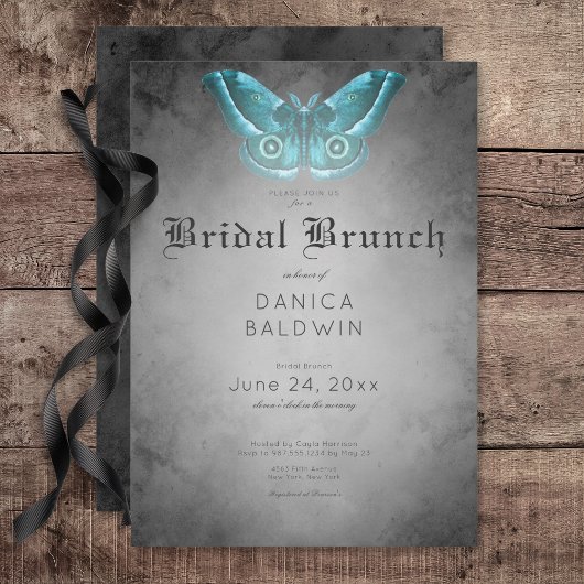 Invitation Aquarelle noire gothique Turquoise Moth Bridal Bru